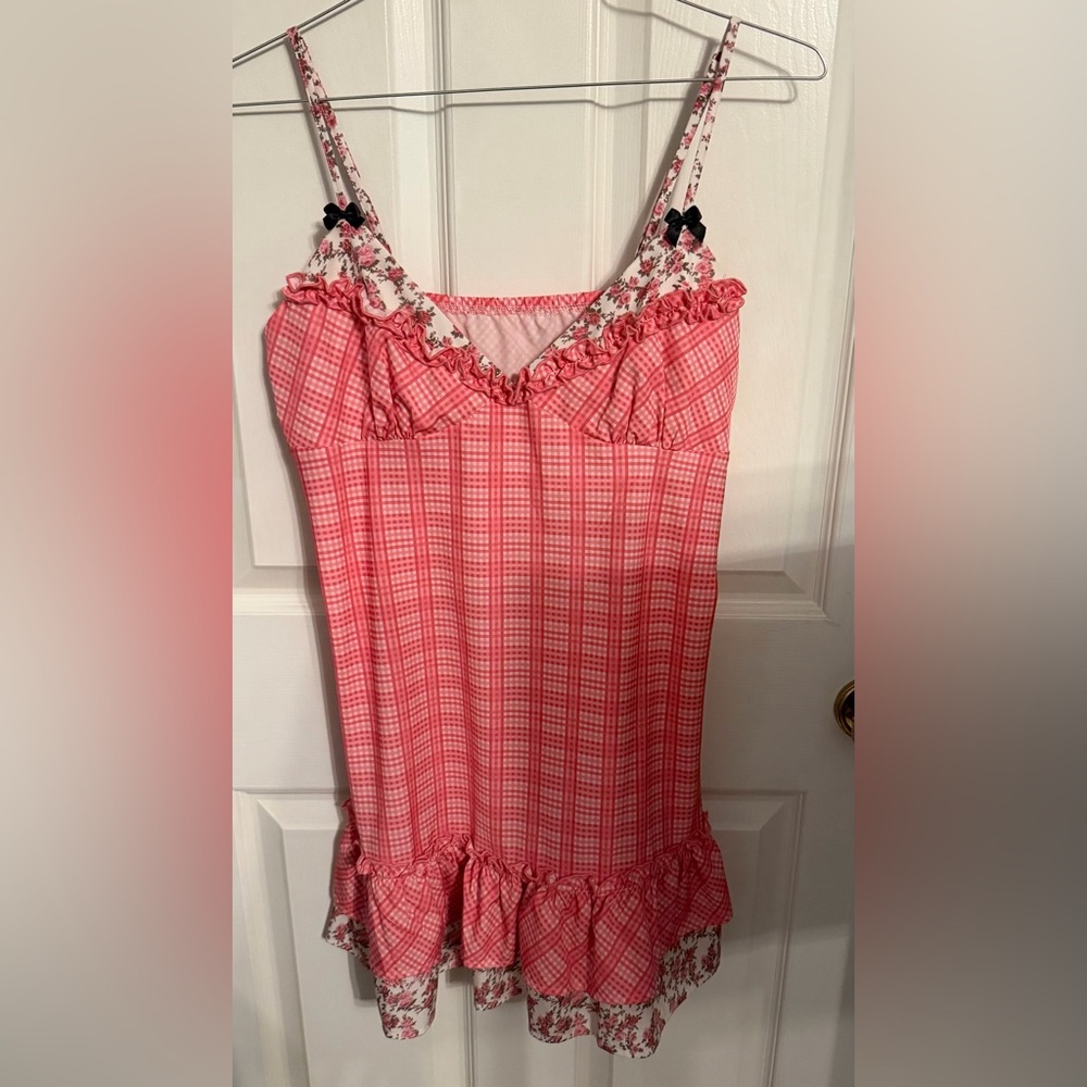 Pink Plaid Floral Trim Slip Dress, XL